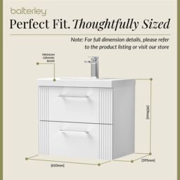 Balterley Wall Hung 2 Drawers Vanity Unit - Thin-Edge Basin 600mm, Satin White - thumbnail 5