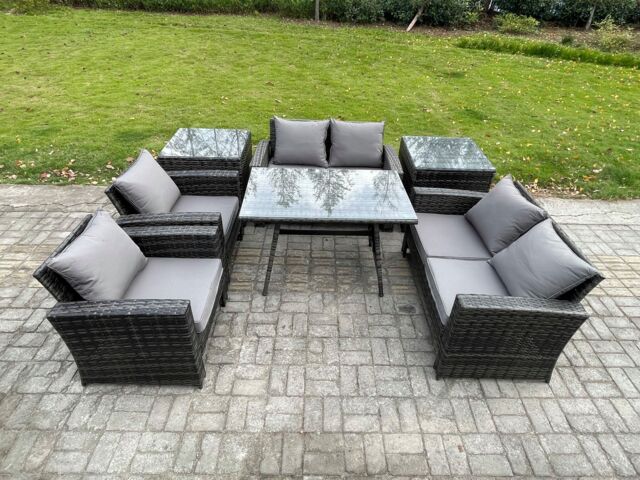 Fimous Rattan Garden Furniture Set Patio Outdoor Lounge Sofa Set with Rectangular Dining Table Love Seat Sofa 2 Side Tables in Dark Grey
