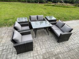 Fimous Rattan Garden Furniture Set Patio Outdoor Lounge Sofa Set with Rectangular Dining Table Love Seat Sofa 2 Side Tables in Dark Grey - thumbnail 2