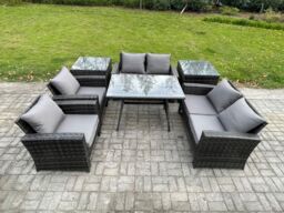 Fimous Rattan Garden Furniture Set Patio Outdoor Lounge Sofa Set with Rectangular Dining Table Love Seat Sofa 2 Side Tables in Dark Grey - thumbnail 1