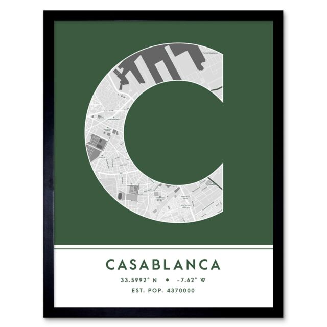 "Wee Blue Coo Wall Art Print Casablanca Morocco City Map Modern Typography Stylish Letter Framed Word in Green - Size: W12"" x H16""" - image 1