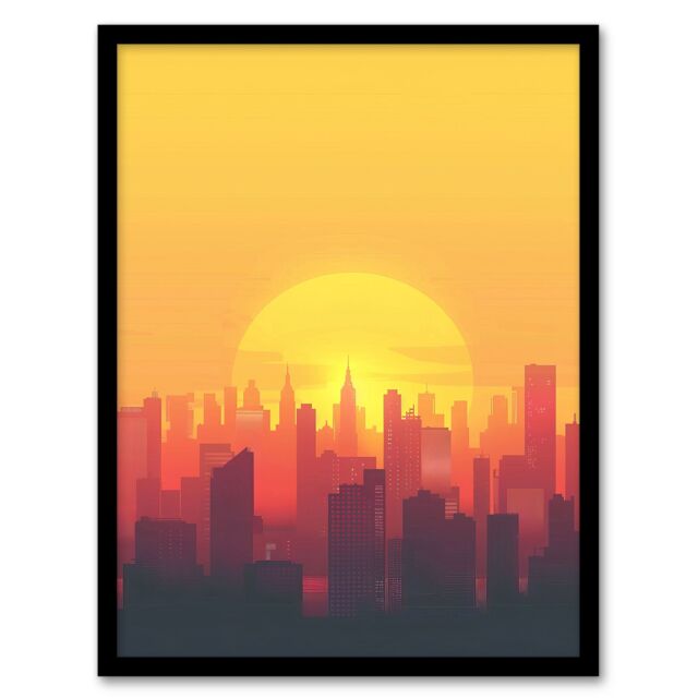 Artery8 New York City Sunset Cityscape Skyline Design Framed Art Print in Orange - Size: A4 - image 1