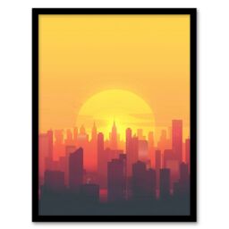 Artery8 New York City Sunset Cityscape Skyline Design Framed Art Print in Orange - Size: A4 - thumbnail 1