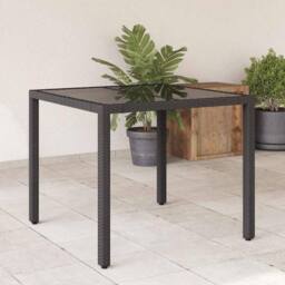 Berkfield Home Garden Table with Glass Top Black 90x90x75 cm Poly Rattan - Size: 90 x 90 x 75 cm - thumbnail 2
