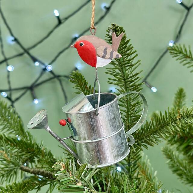 The Alphabet Gift Shop Robin Watering Can Christmas Bauble in Silver