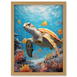 Artery8 Wall Art Print Loggerhead Sea Turtle in Coral Reef Bright Detailed Artwork Caretta Swimming with Yellow Striped Fish Artwork Framed A4 - thumbnail 1