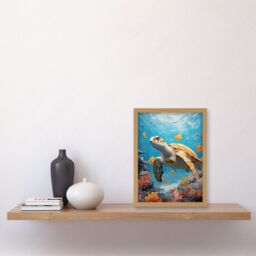 Artery8 Wall Art Print Loggerhead Sea Turtle in Coral Reef Bright Detailed Artwork Caretta Swimming with Yellow Striped Fish Artwork Framed A4 - thumbnail 2