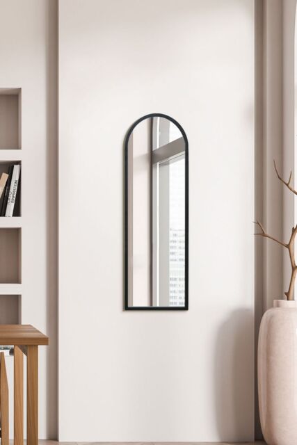 "MirrorOutlet Black Metal Framed Arched Wall Mirror 47"" X 16"" (120CM X 40CM) - Size: 1 Pack" - image 1