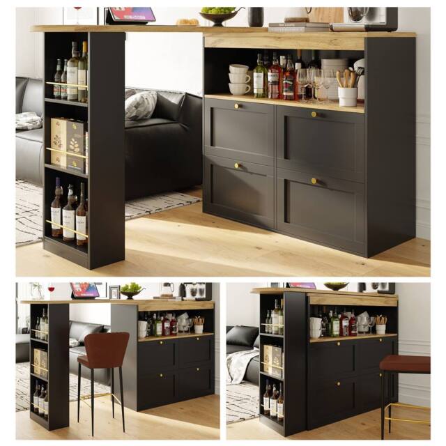 Rolipo 360° Swivel L-Shaped Bar Table with 4 Drawers & Open Shelves in Black - image 1