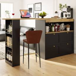 Rolipo 360° Swivel L-Shaped Bar Table with 4 Drawers & Open Shelves in Black - thumbnail 3