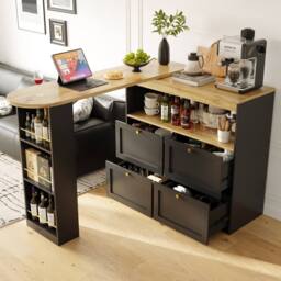 Rolipo 360° Swivel L-Shaped Bar Table with 4 Drawers & Open Shelves in Black - thumbnail 2