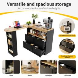Rolipo 360° Swivel L-Shaped Bar Table with 4 Drawers & Open Shelves in Black - thumbnail 6