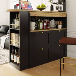 Rolipo 360° Swivel L-Shaped Bar Table with 4 Drawers & Open Shelves in Black - thumbnail 4