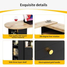Rolipo 360° Swivel L-Shaped Bar Table with 4 Drawers & Open Shelves in Black - thumbnail 8