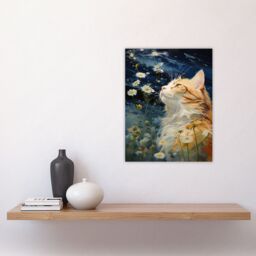 "Artery8 Moonlit Cat In Daisy Meadow Norwegian Forest Cat Oil Painting Unframed Wall Art Print Poster Home Decor Premium - Size: W12"" x H16""" - thumbnail 4