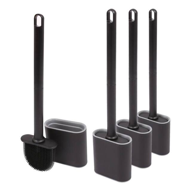Harbour Housewares 4x Toilet Brush & Holders - Wall-Mounted TRP Silicone Bathroom Brush in Black - image 1