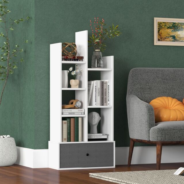 Costway 7 Tier Bookshelf Open Storage Wood Bookcase Organizer Display Shelf w/ Drawer in White - image 1