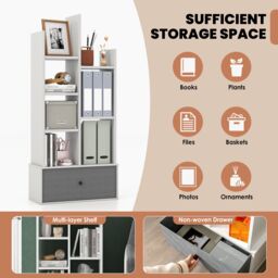 Costway 7 Tier Bookshelf Open Storage Wood Bookcase Organizer Display Shelf w/ Drawer in White - thumbnail 4