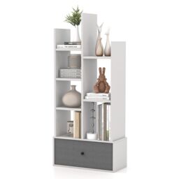 Costway 7 Tier Bookshelf Open Storage Wood Bookcase Organizer Display Shelf w/ Drawer in White - thumbnail 5