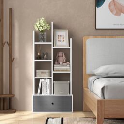 Costway 7 Tier Bookshelf Open Storage Wood Bookcase Organizer Display Shelf w/ Drawer in White - thumbnail 2