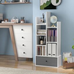 Costway 7 Tier Bookshelf Open Storage Wood Bookcase Organizer Display Shelf w/ Drawer in White - thumbnail 3