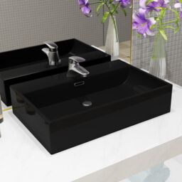 Berkfield Home Basin with Faucet Hole Ceramic Black 60.5x42.5x14.5 cm - thumbnail 1