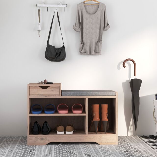 HOMCOM Upholstered Entryway Shoe Bench with Storage Drawer Distressed Grey - image 1