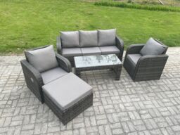 Fimous Wicker PE Rattan Garden Furniture Set Outdoor Lounge Sofa Set with Reclining Chair Coffee Table Big Footstool Dark Grey - thumbnail 2