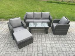 Fimous Wicker PE Rattan Garden Furniture Set Outdoor Lounge Sofa Set with Reclining Chair Coffee Table Big Footstool Dark Grey - thumbnail 1