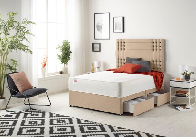 Somnior Flexby Sprung Memory Foam 2 Drawer Divan Bed with Upholstered Headboard Plush Velvet in Beige - Size: Small Single - image 1