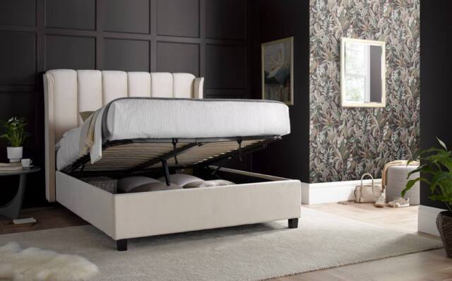 Bedmaster Aurora Velvet Ottoman Bed & Cotswold 3000 Pocket Sprung Natural Mattress in Light Stone - Size: King - image 1
