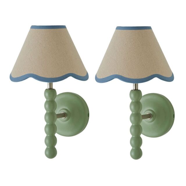 ValueLights Bobbins Pair of Green Wall Lights & Linen Pastel Trim Lamp Shades in Pale Blue - image 1