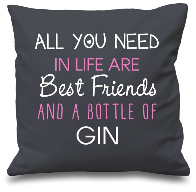 "60 SECOND MAKEOVER Cushion Cover All You Need In Life Are Best Friends & A Bottle Of Gin 16"" x 16"" in Grey - Size: 40 cm x 40 cm"