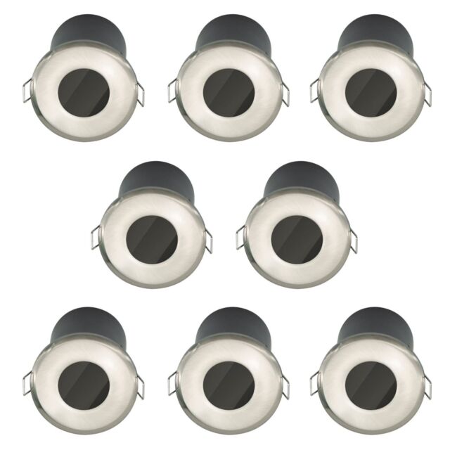 First Choice Lighting Set of 8 Fire Rated Bathroom Recessed Downlights - Brushed Steel IP65 in Silver - image 1