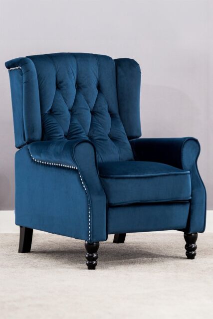 More4Homes Althorpe Wing Back Recliner Button Back Fireside Velvet Chair in Dark Blue - image 1