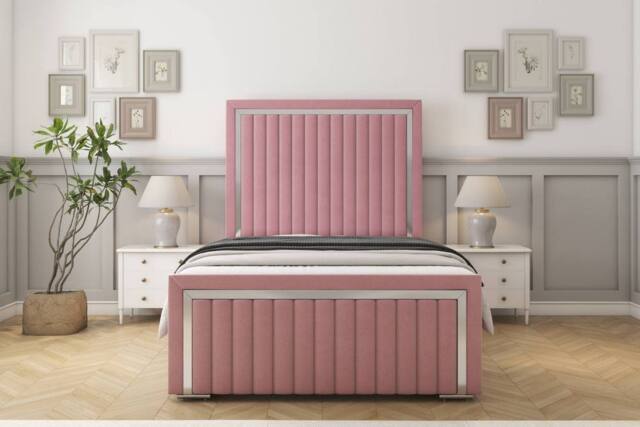 "Sloomy Boston Chrome Plush Frame-Mattress - 50"" Upholstered Headboard in Pink - Size: Double" - image 1
