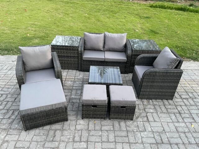 Fimous Rattan Garden Furniture Set Patio Conservatory Indoor Outdoor 9 Piece Set with Love Sofa Square Coffee Table in Dark Grey - image 1