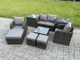 Fimous Rattan Garden Furniture Set Patio Conservatory Indoor Outdoor 9 Piece Set with Love Sofa Square Coffee Table in Dark Grey - thumbnail 2