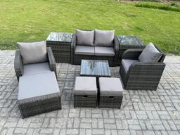 Fimous Rattan Garden Furniture Set Patio Conservatory Indoor Outdoor 9 Piece Set with Love Sofa Square Coffee Table in Dark Grey - thumbnail 1