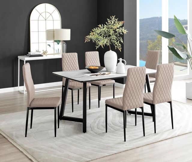 FurnitureboxUK Carson White Marble Effect Dining Table & 6 Milan Black Leg Chairs in Beige - image 1