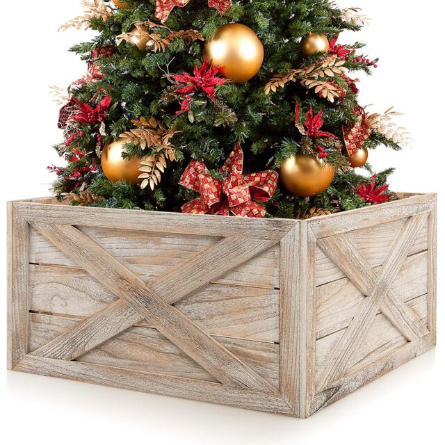 Costway Vintage Christmas Tree Collar Box 100% Solid Wood Wooden Tree Box Stand Cover W/ Hook & Loop Fastener in Light Brown - image 1