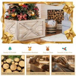 Costway Vintage Christmas Tree Collar Box 100% Solid Wood Wooden Tree Box Stand Cover W/ Hook & Loop Fastener in Light Brown - thumbnail 5