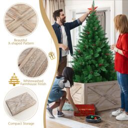 Costway Vintage Christmas Tree Collar Box 100% Solid Wood Wooden Tree Box Stand Cover W/ Hook & Loop Fastener in Light Brown - thumbnail 4