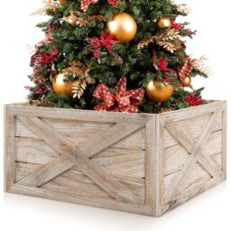 Costway Vintage Christmas Tree Collar Box 100% Solid Wood Wooden Tree Box Stand Cover W/ Hook & Loop Fastener in Light Brown - thumbnail 1