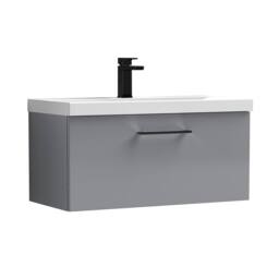 Balterley 800mm Wall Hung 1 Drawer Vanity Basin Unit, Satin Grey, Black Handle in Grey