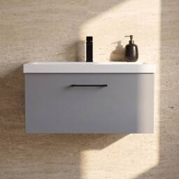 Balterley 800mm Wall Hung 1 Drawer Vanity Basin Unit, Satin Grey, Black Handle in Grey - thumbnail 9