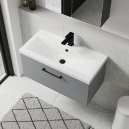 Balterley 800mm Wall Hung 1 Drawer Vanity Basin Unit, Satin Grey, Black Handle in Grey - thumbnail 3