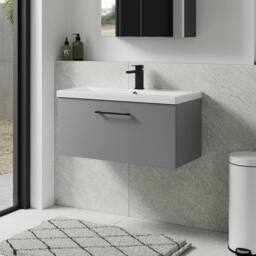 Balterley 800mm Wall Hung 1 Drawer Vanity Basin Unit, Satin Grey, Black Handle in Grey - thumbnail 4