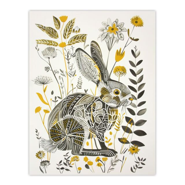 "Artery8 Bunny Rabbit Flowers Yellow Grey Bright Folk Art Wall Art Print - Size: W24"" x H32""" - image 1