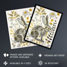 "Artery8 Bunny Rabbit Flowers Yellow Grey Bright Folk Art Wall Art Print - Size: W24"" x H32""" - thumbnail 2